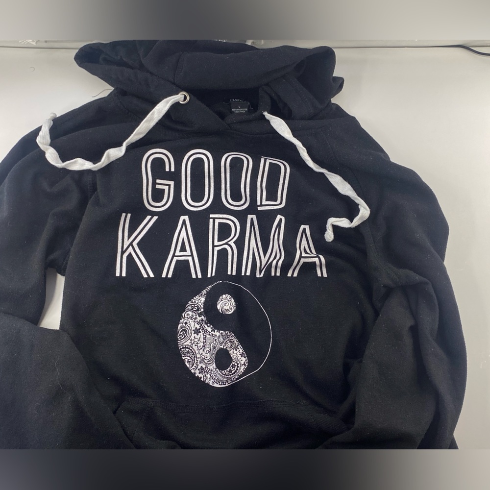 Black hoodie with good karma print